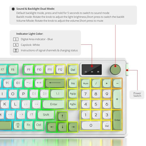 SbocKeeb 96% Simsiz Klaviatura Raqamli Klaviatura va Tutqich bilan, 3 Rejimli Simli/Bluetooth 5.0/2.4G 98 Tugma ABS Sharsimon Qopqoqlar RGB Jim Mekanik Hisli Membranli O'yin Klaviaturasi Win/Mac uchun (Qor Yashil) - 6