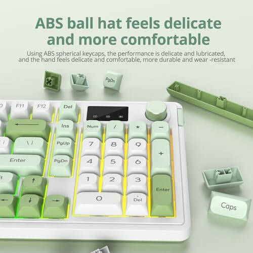 SbocKeeb 96% Wireless Keyboard with Number Pad and Knob, 3-Modes Wired/Bluetooth 5.0/2.4G 98 Keys ABS Ball Caps RGB Quiet Mechanical Feel Membrane Gaming Keyboard for Win/Mac (Snowgreen) - 4