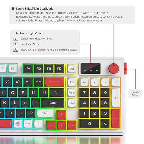 SbocKeeb 96% Wireless Keyboard with Number Pad and Knob, 3-Modes Wired/Bluetooth 5.0/2.4G 98 Keys ABS Ball Caps RGB Quiet Mechanical Feel Membrane Gaming Keyboard for Win/Mac（Black） - 6