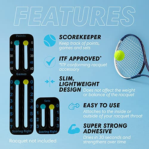 Scoring Right Portable Tennis Racket and Padel Scorekeeper, Easily Mounted Small Score Board to Keep Score of Points, Games, and Sets, ITF Conforming and Lightweight Mini Score Keeper, 1.9g - 12