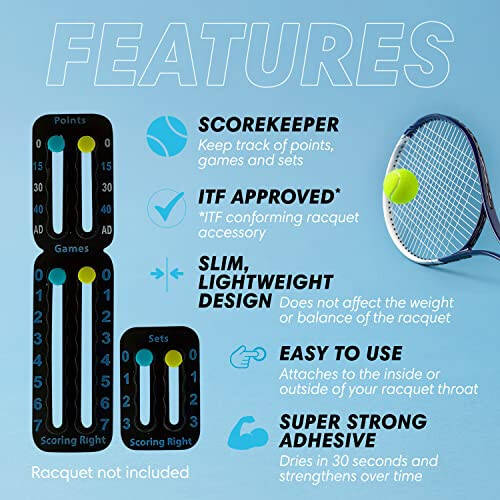 Scoring Right Portable Tennis Racket and Padel Scorekeeper, Easily Mounted Small Score Board to Keep Score of Points, Games, and Sets, ITF Conforming and Lightweight Mini Score Keeper, 1.9g - 12