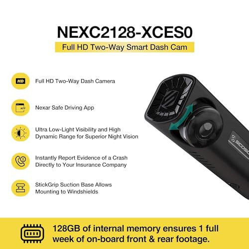 Scosche NEXC2128-XCES0 Tam HD İki Yönlü Akıllı Gösterge Paneli Kamerası Nexar Desteğiyle, Emme Kupası ve 128GB Bellek - 2