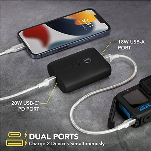 Scosche PB10PD-SP GoBat 10000mAh Compact Dual Port Cell Phone Battery Pack, 20W USB-C Power Delivery Fast Charger & 18W USB-A Portable Power Bank, External Battery Compatible w/ Apple iPhone & Android - 3