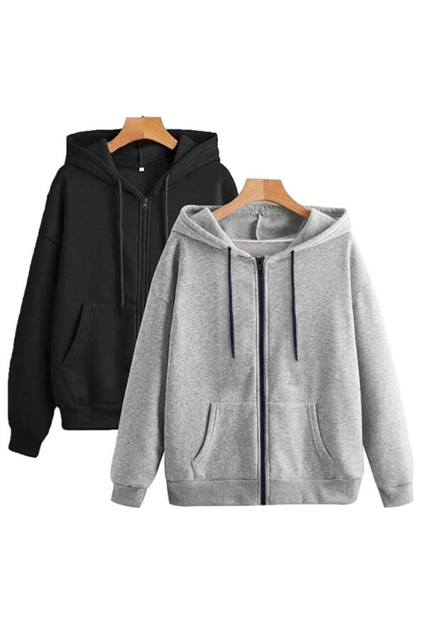 Seasonal Black and Grey Zip-Up Fleece Hoodie Jacket 2-Pack - 1