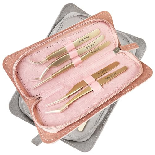 SEEDEW Tweezers Eyelash Extension 5 Pieces Stainless Steel Straight and Curved Professional Set Supplies with a Storage Bag for Lash Tech, Lash Artist Beginner Making Volume Classic Fans(Golden, Pink) - 2