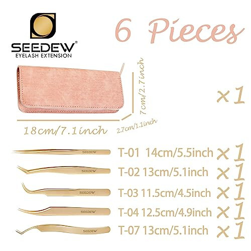 SEEDEW Tweezers Eyelash Extension 5 Pieces Stainless Steel Straight and Curved Professional Set Supplies with a Storage Bag for Lash Tech, Lash Artist Beginner Making Volume Classic Fans(Golden, Pink) - 3