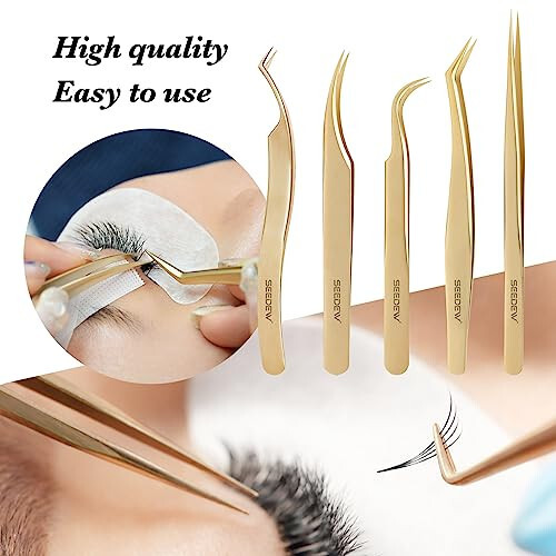 SEEDEW Tweezers Eyelash Extension 5 Pieces Stainless Steel Straight and Curved Professional Set Supplies with a Storage Bag for Lash Tech, Lash Artist Beginner Making Volume Classic Fans(Golden, Pink) - 7