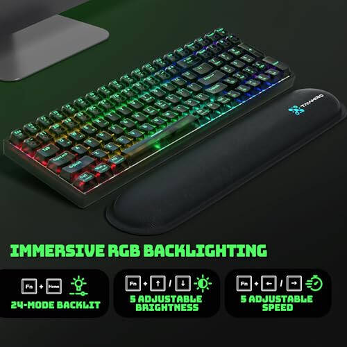 Şeffaf Tuş Kapaklı Kablosuz Mekanik Oyun Klavyesi, 100 Tuş Sıcak Değişim RGB Arka Aydınlatmalı, 3 Modlu BT/2.4G/USB-C, 3000mAh Pil, Bilek Desteğiyle Ergonomik Klavye Win/Mac için, Sessiz Anahtar, Siyah - 7