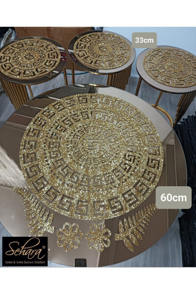 Sehpa Örtü Seti/ 1 Adet (60CM) Orta Sehpa Runnerı, 3 Adet (33CM) Zigon Örtüsü/ Toplam 4 Parça/ Simli Gold - 1