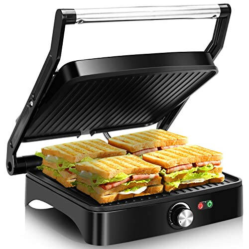 Сэндвичница Aigostar Panini Press Grill 4 ломтика, 1200 Вт, с антипригарными пластинами, контролем температуры, открывается на 180 градусов, внутренний гриль, съемный поддон для сбора капель, индикаторные лампы, ручка с функцией «холодный на ощупь». - 1