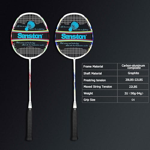 Senston Badminton Rackets Set of 2, Graphite Shaft Badminton Racquets Including Badminton Bag, 2 Badminton Shuttlecock, 2 Racquet Grip - 10