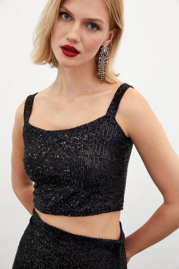 Sequin Crop Blouse - Black - 2