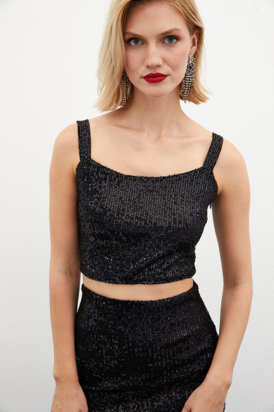 Sequin Crop Blouse - Black - 5