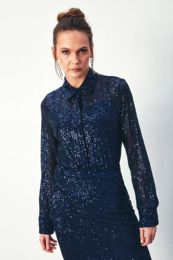 Sequin Relaxed Shirt - NAVY - 1