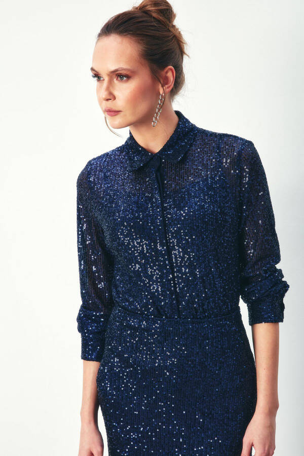 Sequin Relaxed Shirt - NAVY - 2