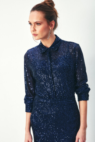 Sequin Relaxed Shirt - NAVY - 7