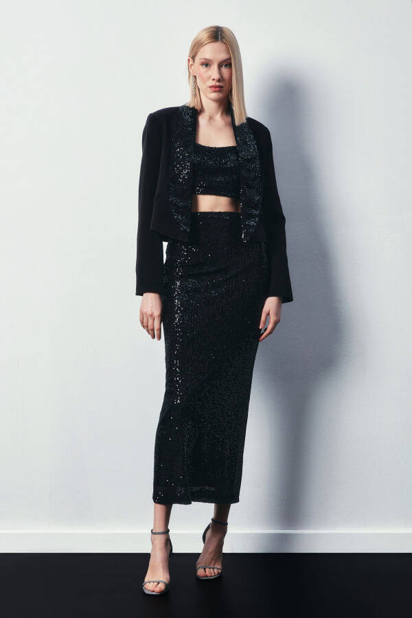 Sequined Long Skirt - BLACK - 3