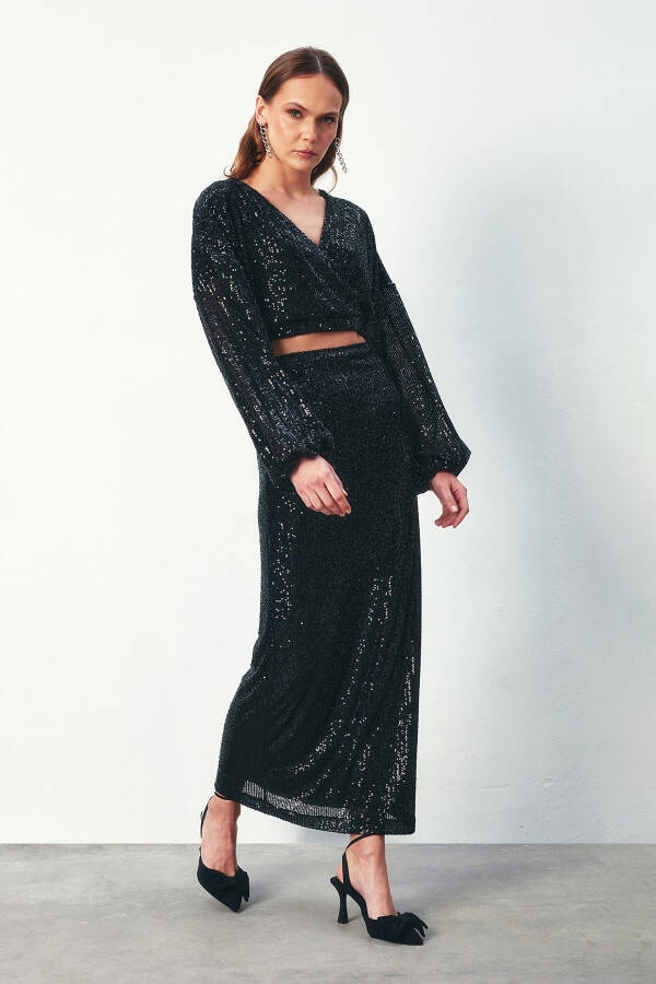 Sequined Long Skirt - BLACK - 7