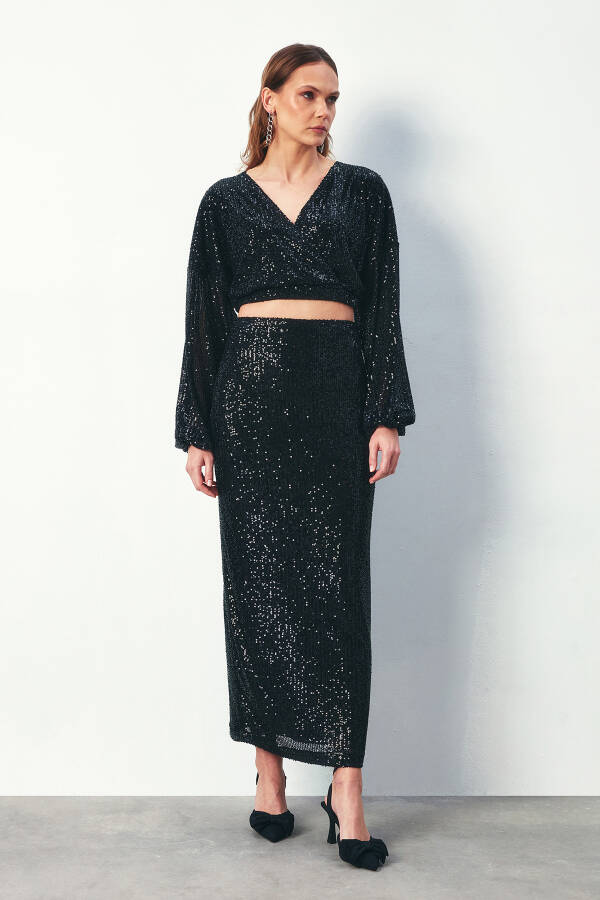 Sequined Long Skirt - BLACK - 8