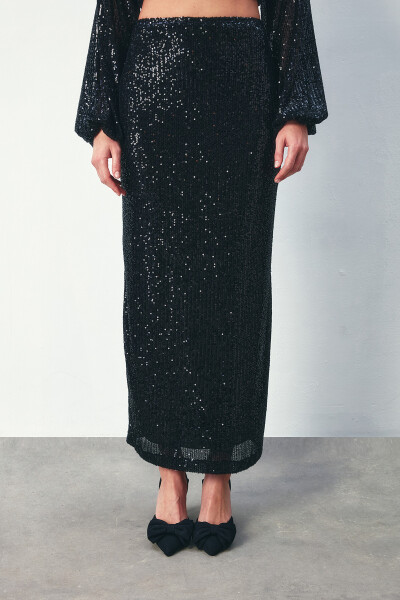 Sequined Long Skirt - BLACK - 9