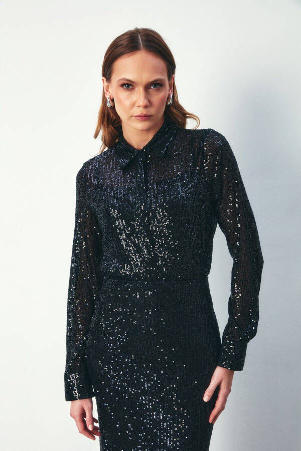 Sequined Oversized Shirt - BLACK - 5