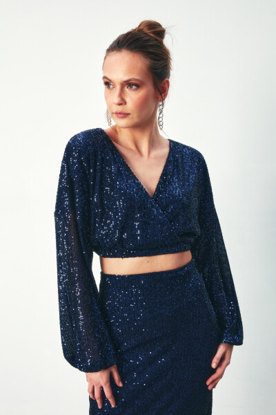 Sequinned Wrap Blouse - NAVY - 10