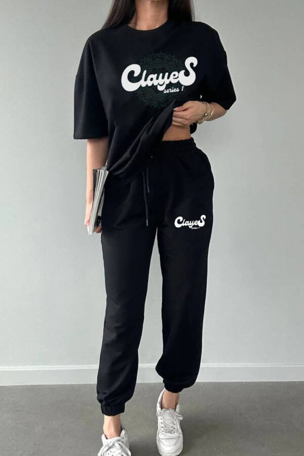 Series T-shirt Jogger Pants - Black Print Top and Bottom Tracksuit Oversize Crew Neck - 1