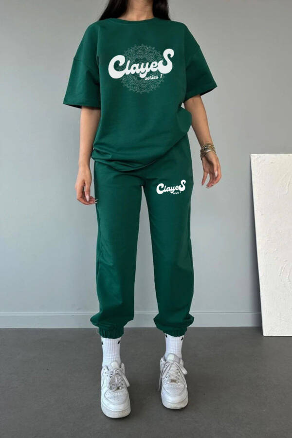 Series T-shirt Jogger Pants - Green Print Top and Bottom Sweatsuit Oversized Crew Neck - 1