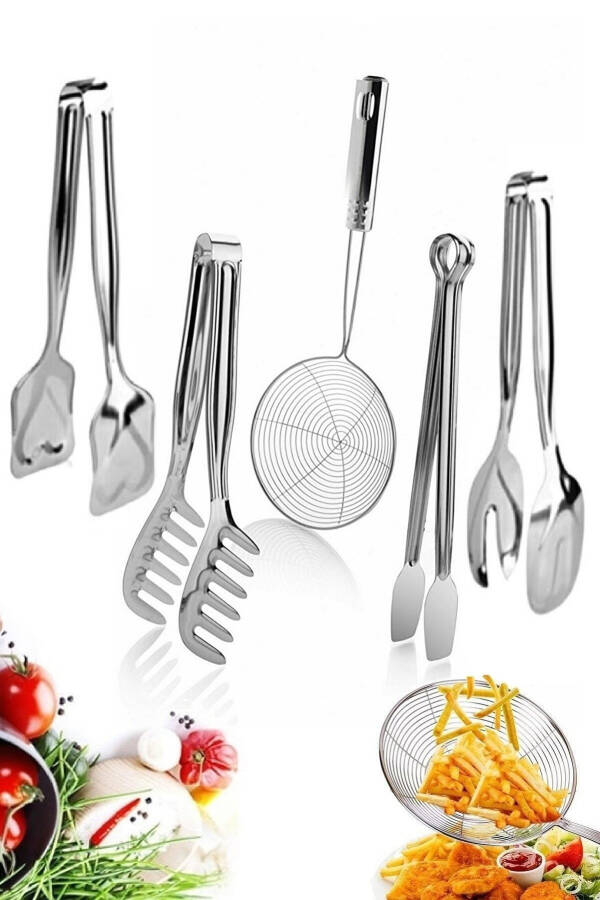 Serving Presentation Pasta Tongs Set Frying Spoon Ladle Colander Grill Izgara Tongs Stainless Salad Pasta Tongs - 5