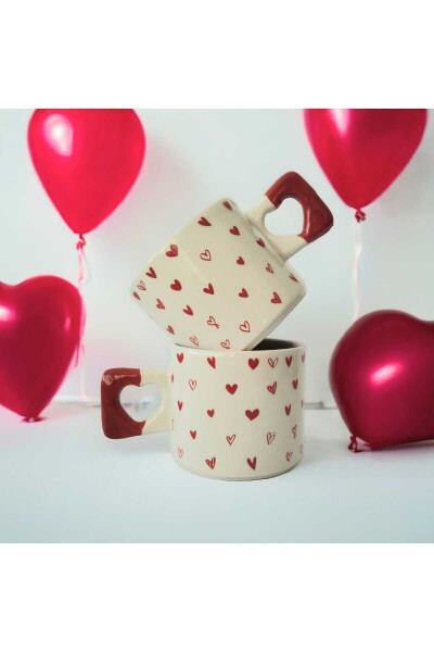 Set of 2 Handmade Natural Ceramic Heart Mugs with Red Tiny Hearts Design - Tea & Coffee Cup - 3