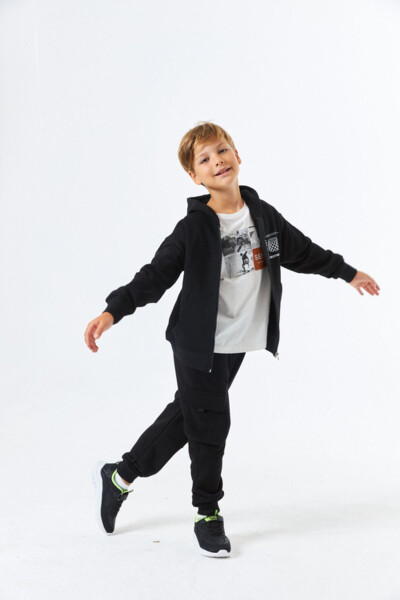 (SGE-1362) SERBEND KIDS BASKILI KAPÜŞONLU FERMUARLI ERKEK ÇOCUK OKUL SWEATSHIRT - 2