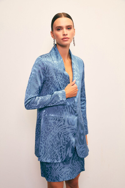 Shawl Collar Patterned Jacket - INDIGO - 3