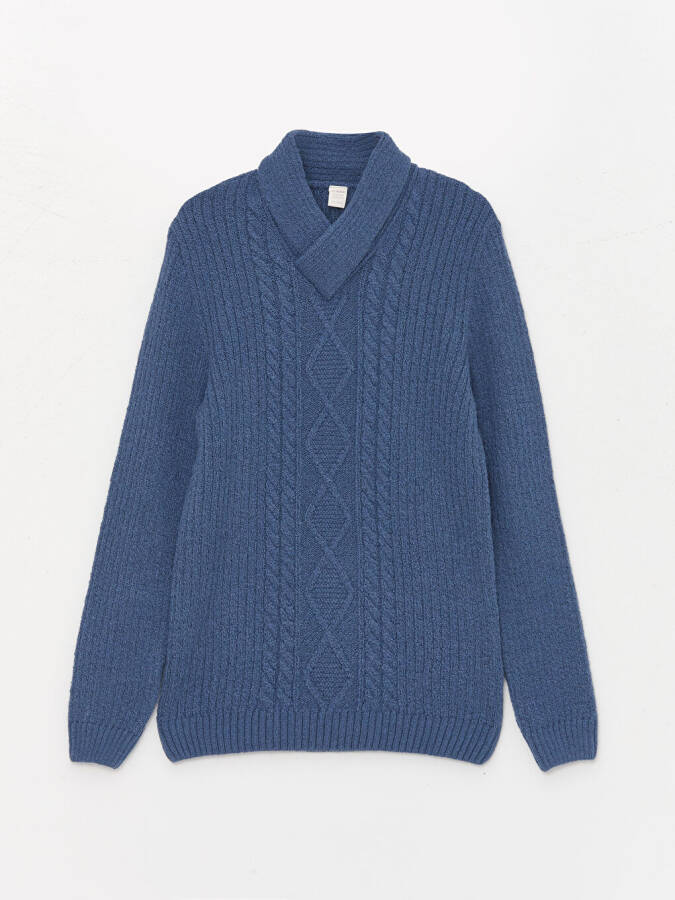 Shawl Collar Self-Patterned Boys' Knit Sweater - 3