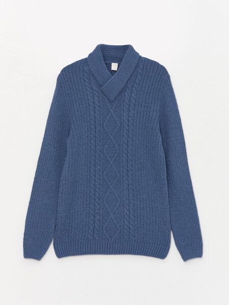 Shawl Collar Self-Patterned Boys' Knit Sweater - 1