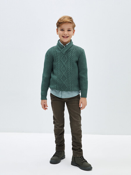 Shawl Collar Self-Patterned Boys' Knit Sweater - 14