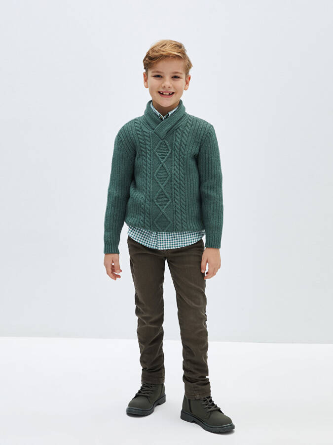 Shawl Collar Self-Patterned Boys' Knit Sweater - 8