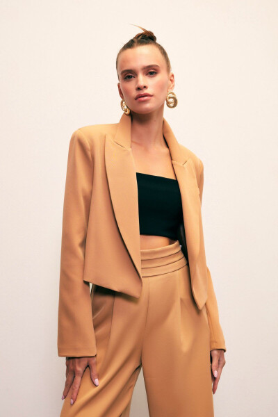 Shawl Collar Short Jacket - CAMEL - 1