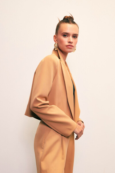 Shawl Collar Short Jacket - CAMEL - 3