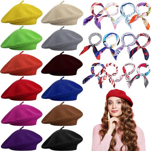 Shinymoon 24 dona Yün Bere Shlyapa Ulgur Kış San'atkor Beanie Bere Issiq Frantsuz Shlyapa Ipakli Bo'yin Sharfi bilan Ayollar Qiz Xonim uchun - 1