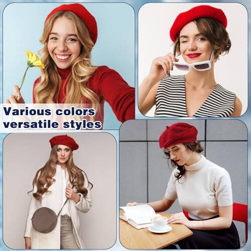 Shinymoon 24 Pcs Wool Beret Hat Bulk Winter Artist Beanie Beret Warm French Hat with Silky Neck Scarf for Women Girl Lady - 3