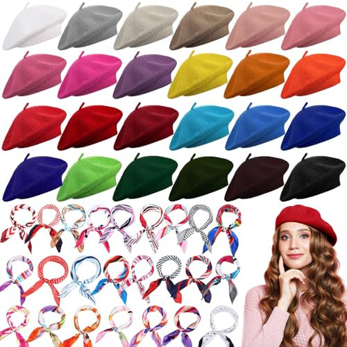 Shinymoon 48 Pcs Women Wool Beret Hat with Silky Scarf French Beret Bulk Artist Beret for Women Girls Winter - 1