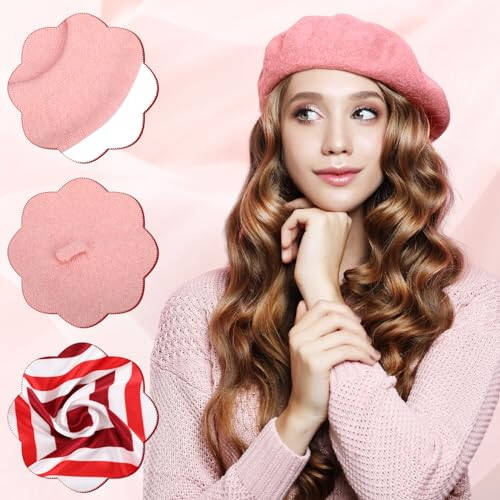 Shinymoon 48 Pcs Women Wool Beret Hat with Silky Scarf French Beret Bulk Artist Beret for Women Girls Winter - 3