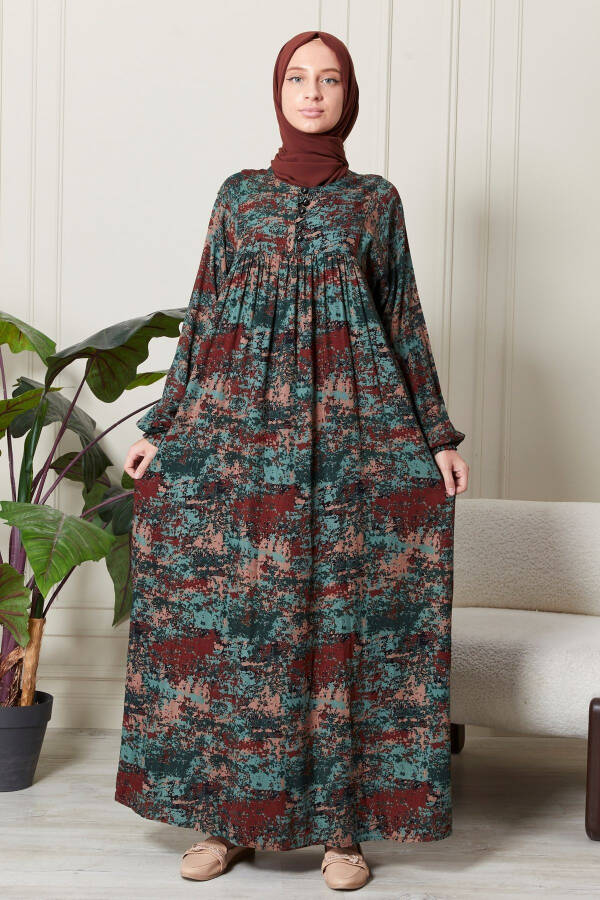 Shirred Robe Dress, Button Front Viscose Fabric Modest Clothing Mother's Dress Prayer Dress - 2