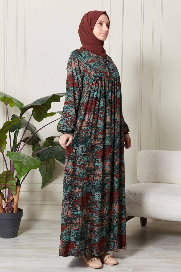 Shirred Robe Dress, Button Front Viscose Fabric Modest Clothing Mother's Dress Prayer Dress - 4