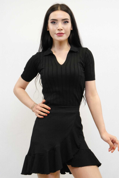 Shirt Collar Knitwear Blouse Black - 3