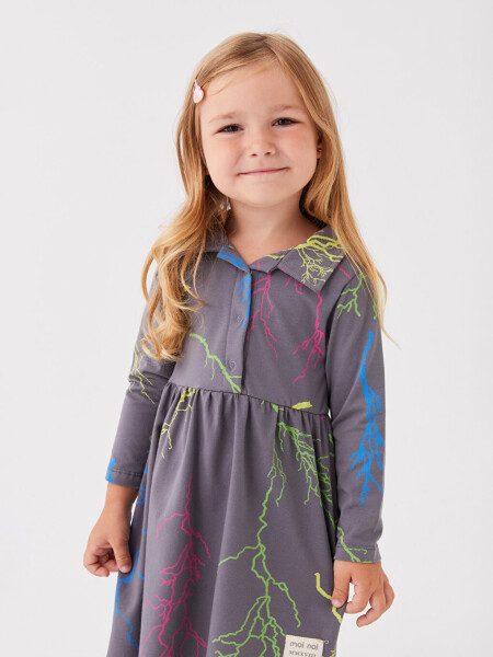 Shirt Collar Long Sleeve Printed Baby Girl Dress - 8