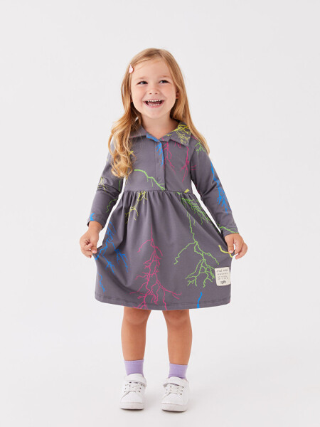 Shirt Collar Long Sleeve Printed Baby Girl Dress - 1