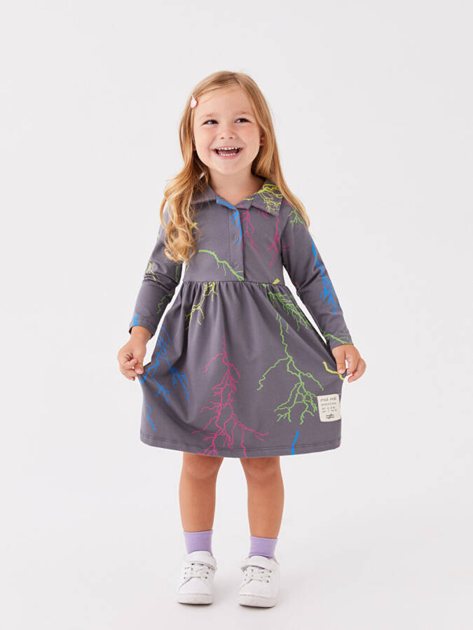 Shirt Collar Long Sleeve Printed Baby Girl Dress - 1