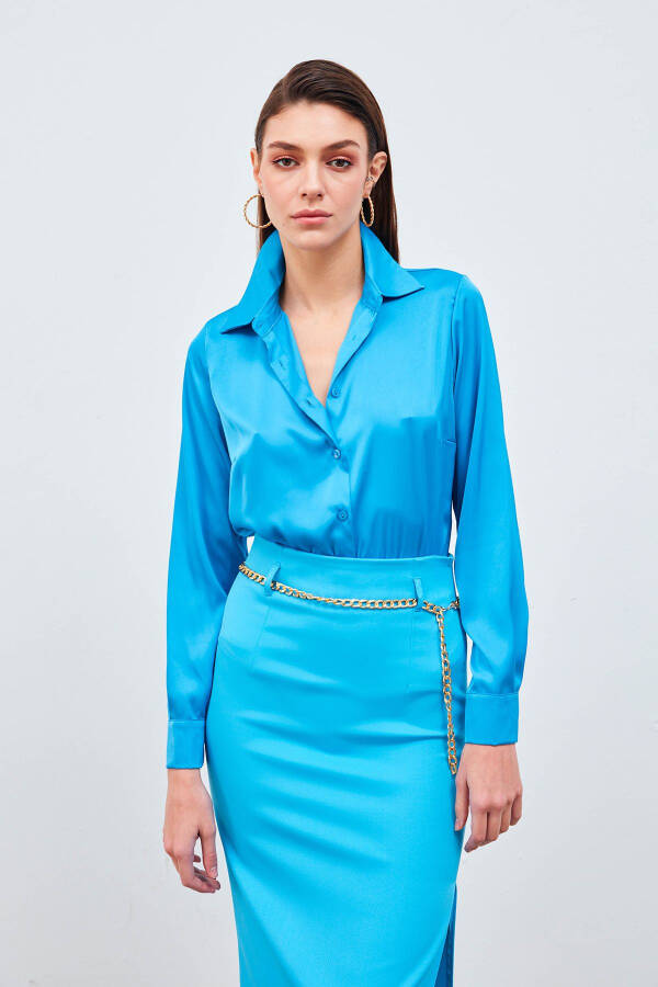 Shirt Collar Satin Bodysuit Blouse - Blue - 1