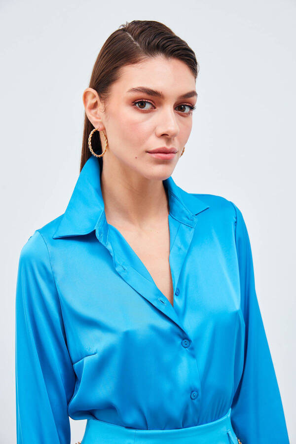 Shirt Collar Satin Bodysuit Blouse - Blue - 3